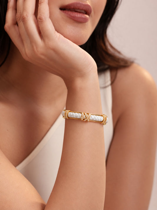 White Braided Roman Numeral Studded Bangle -18KT Gold Plated
