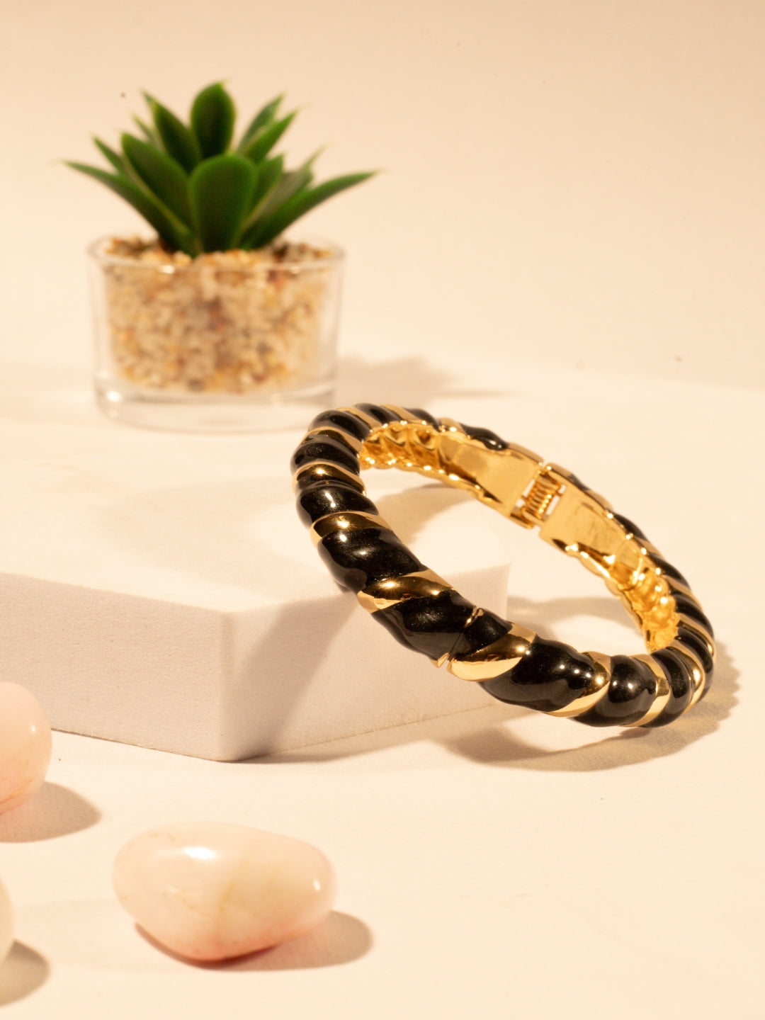 Black Enamel Striped Bracelet | 14kt Gold Plated Italian Meenakari on Stainless Steel
