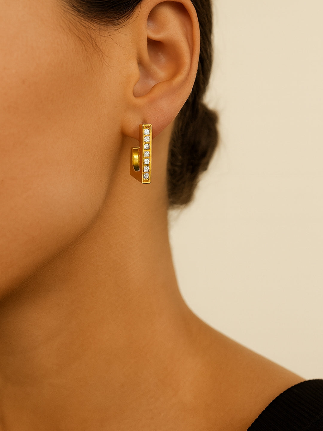 Square Studded Gold Half Hoop Earrings – 18K Gold Plated CZ