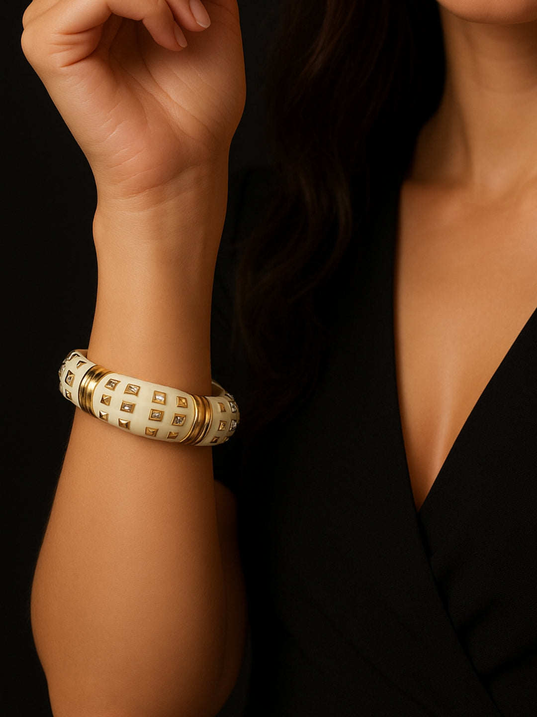Cream Enamel Studded Bracelet in 18K Gold | CZ Stone Statement Bangle