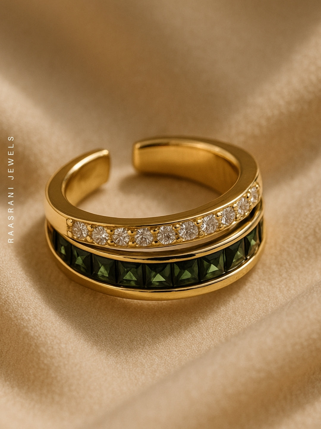 Emerald & White Dual-Line Adjustable Ring | 18K Gold Plated