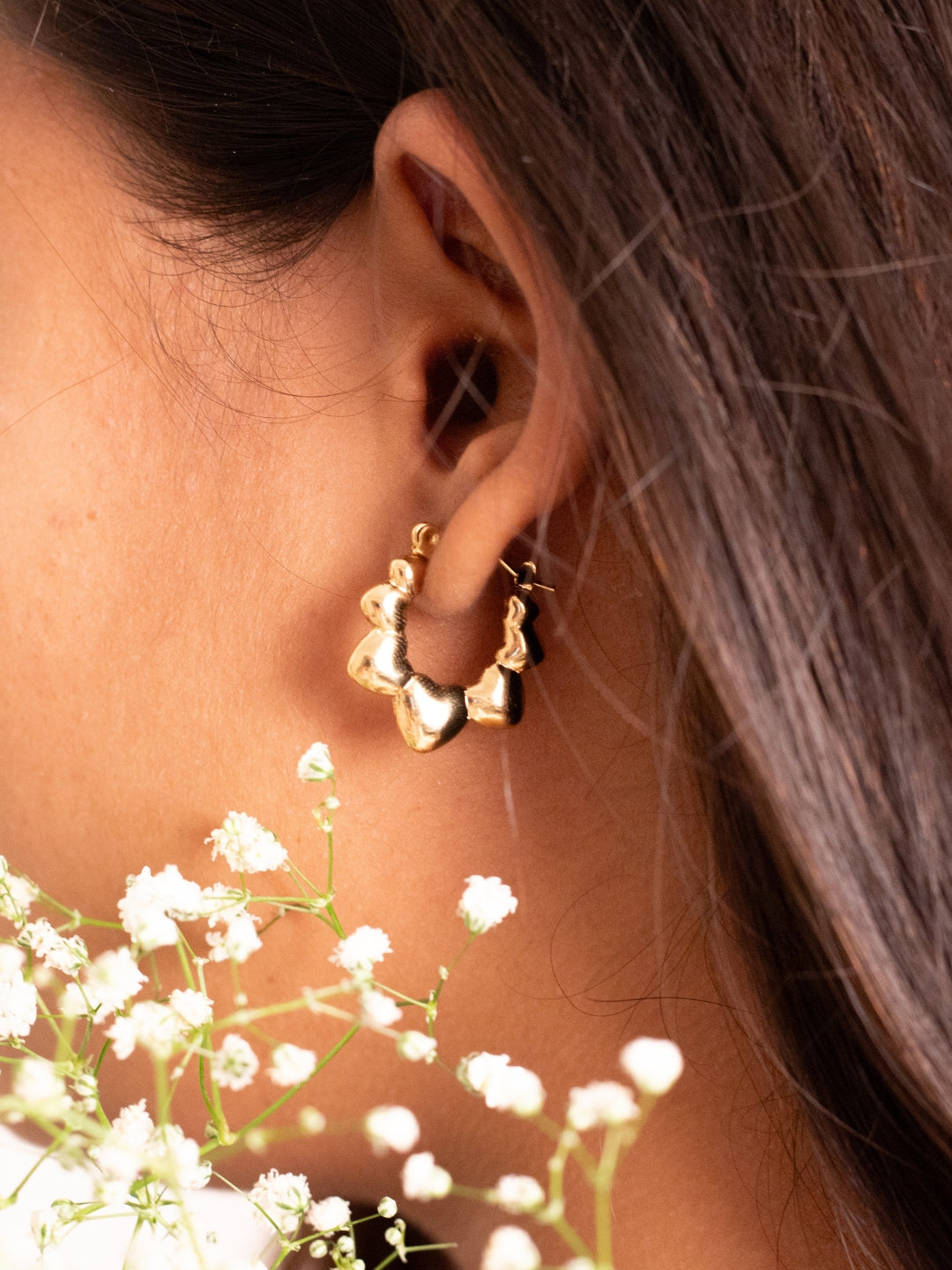 Floral U shaped Gold Hoop Earrings – Stainless Steel, Lightweight, 3 cm