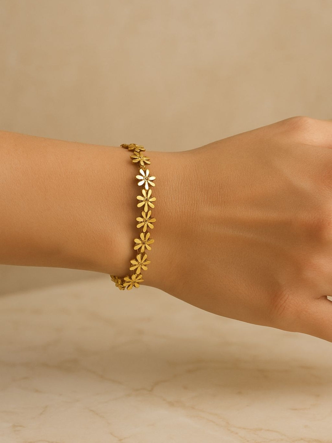 Gold Floral Studded Bangle Bracelet for Women – 316L Stainless Steel with Cubic Zirconia Stones | Ethnic Press-Lock Kada for Daily & Festive Wear