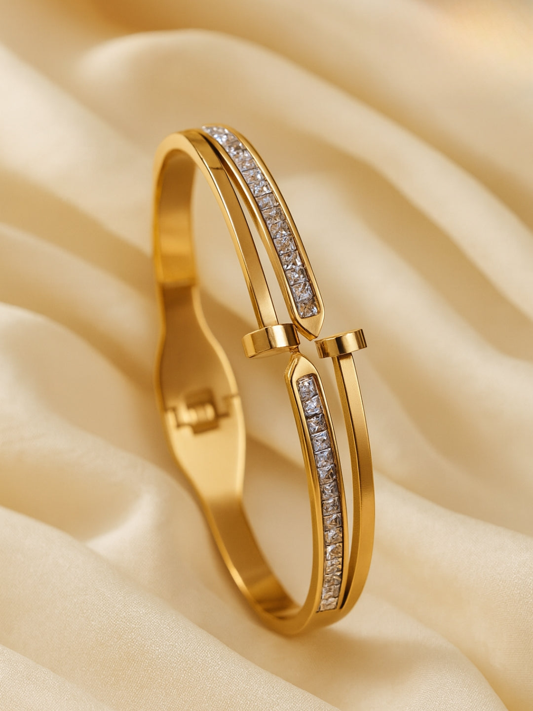 18K Gold Plated Double Line CZ Cuff Bracelet – Anti Tarnish & Waterproof