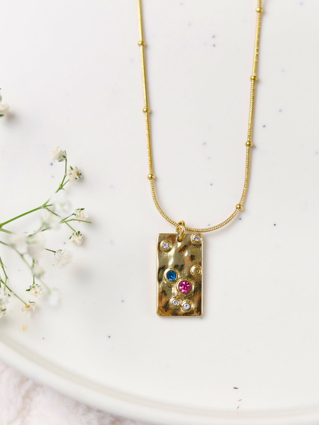 Gold Bar Pendant Chain – Multicolor CZ Stones, Gold Plated Stainless Steel, Adjustable Length