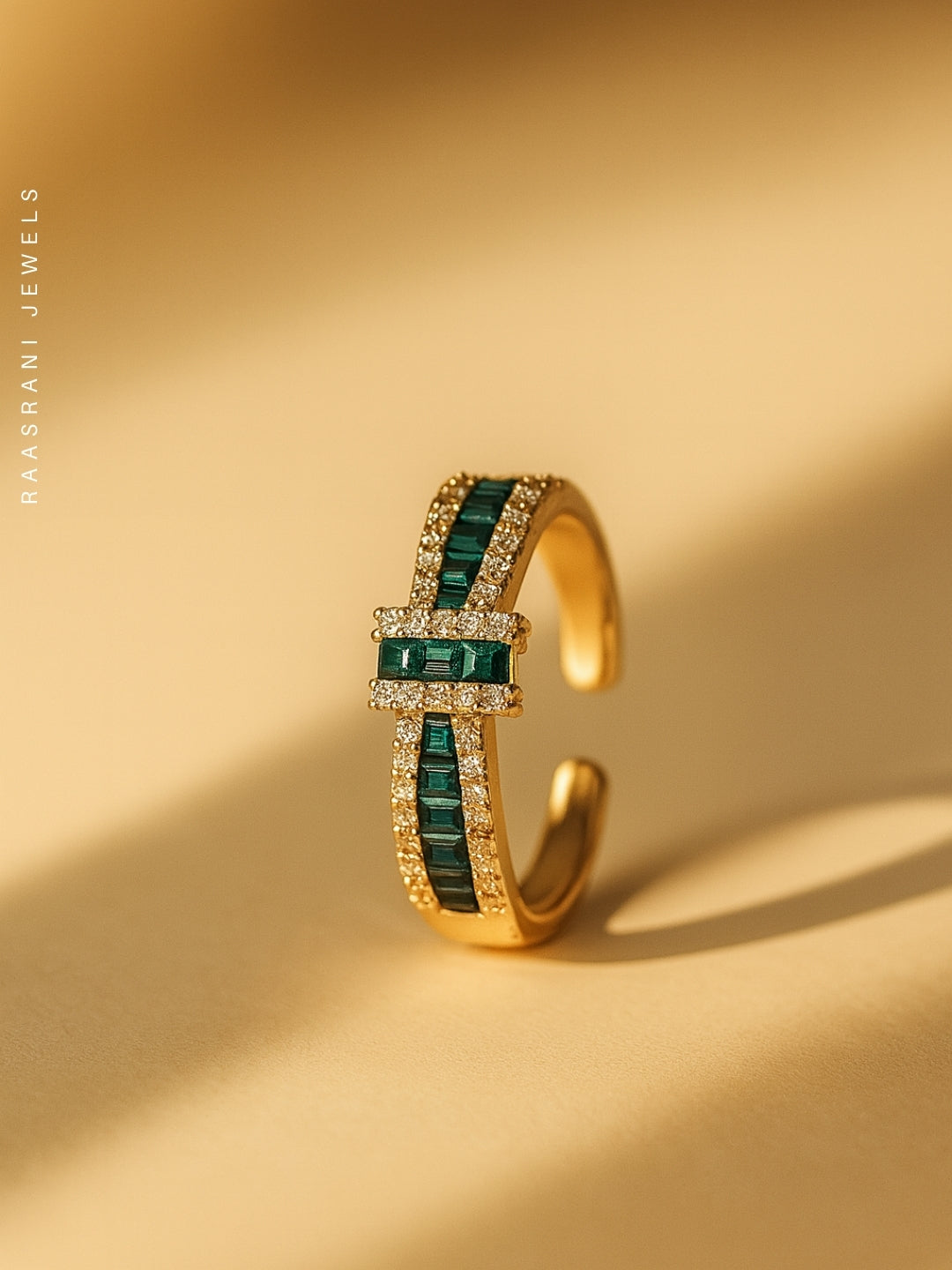 Emerald Bow Ring – 18K Gold Plated Adjustable Baguette CZ Stacking Ring
