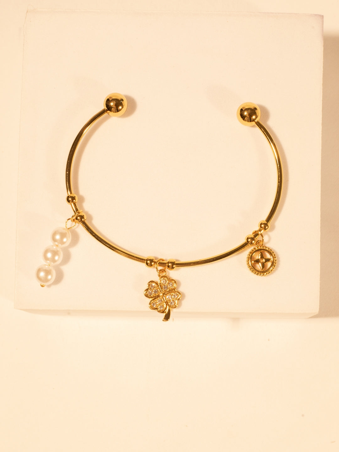 18K Gold-Plated Clover Charms Bracelet – Stainless Steel, CZ Stones & Pearl Charms, Anti-Tarnish & Hypoallergenic