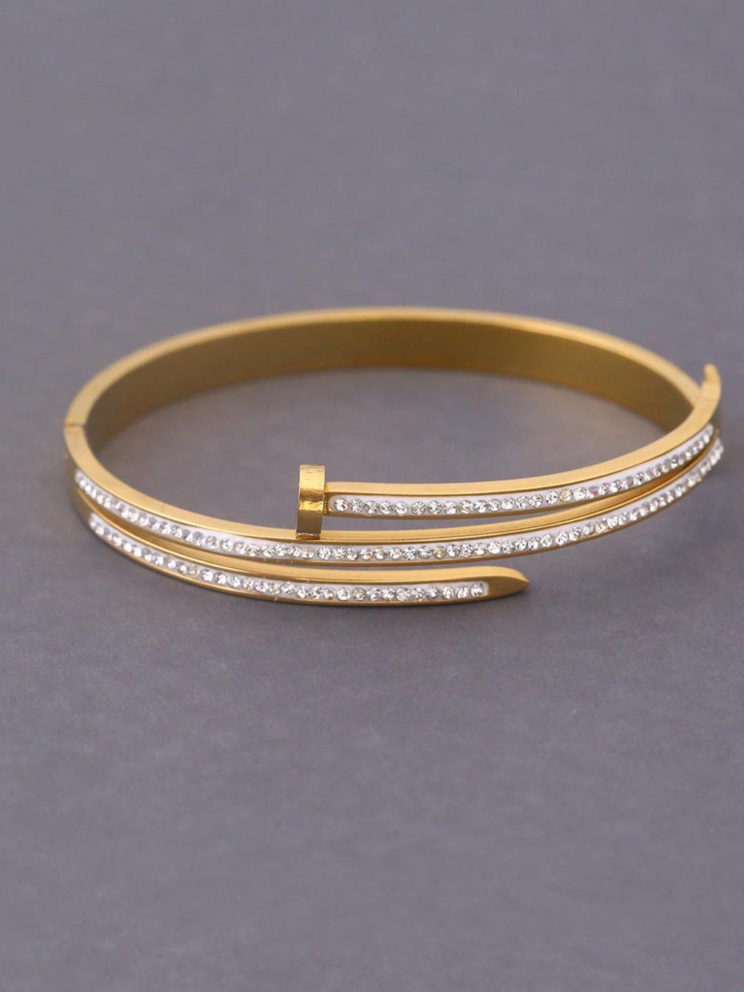 Small Nail White Stone 3-Line Cuff Bracelet for Women – 18K Gold Plated