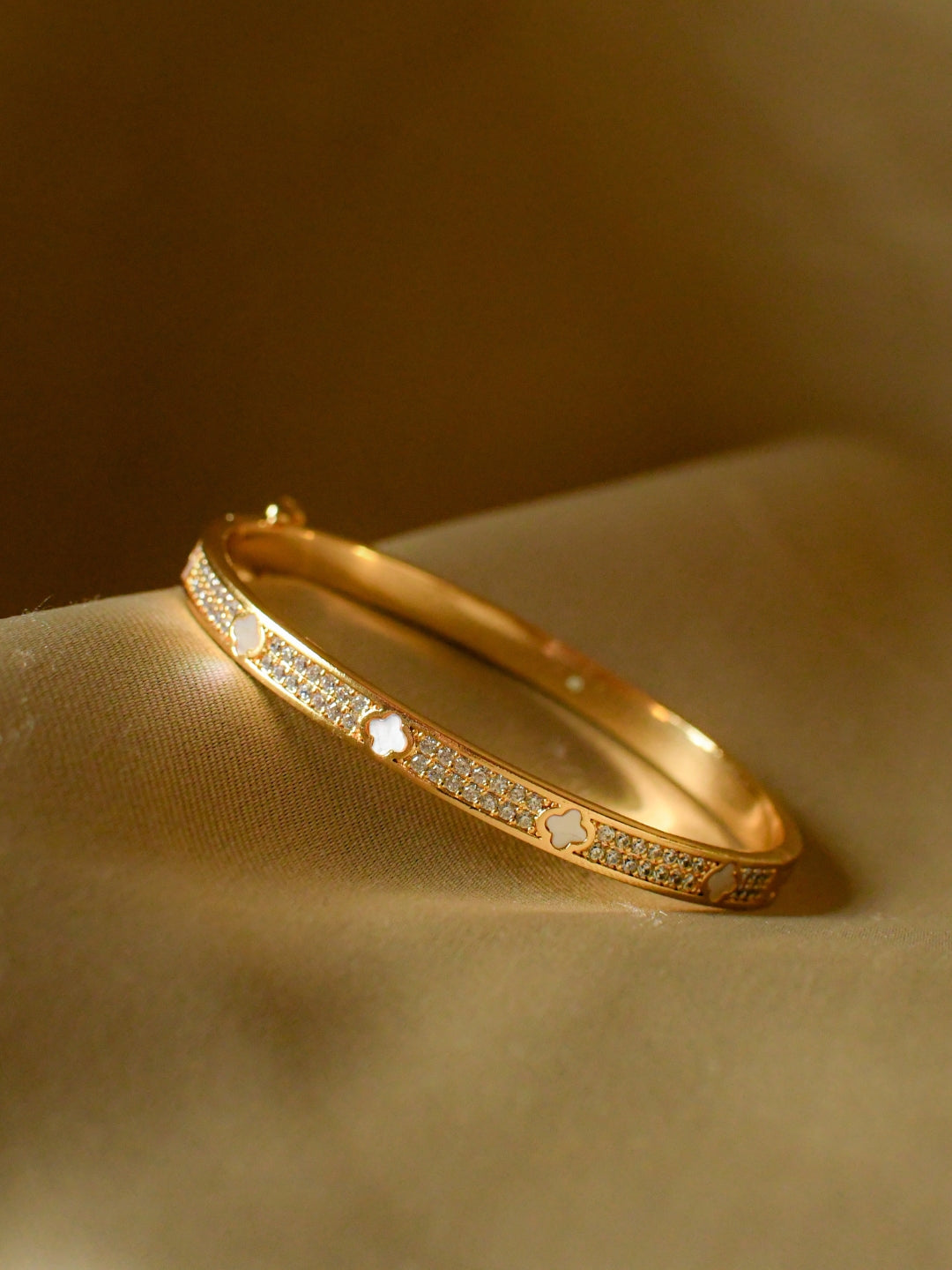 MOP Clover Studded Bracelet – Elegant Gold Bangle with Mother of Pearl & AD Accents