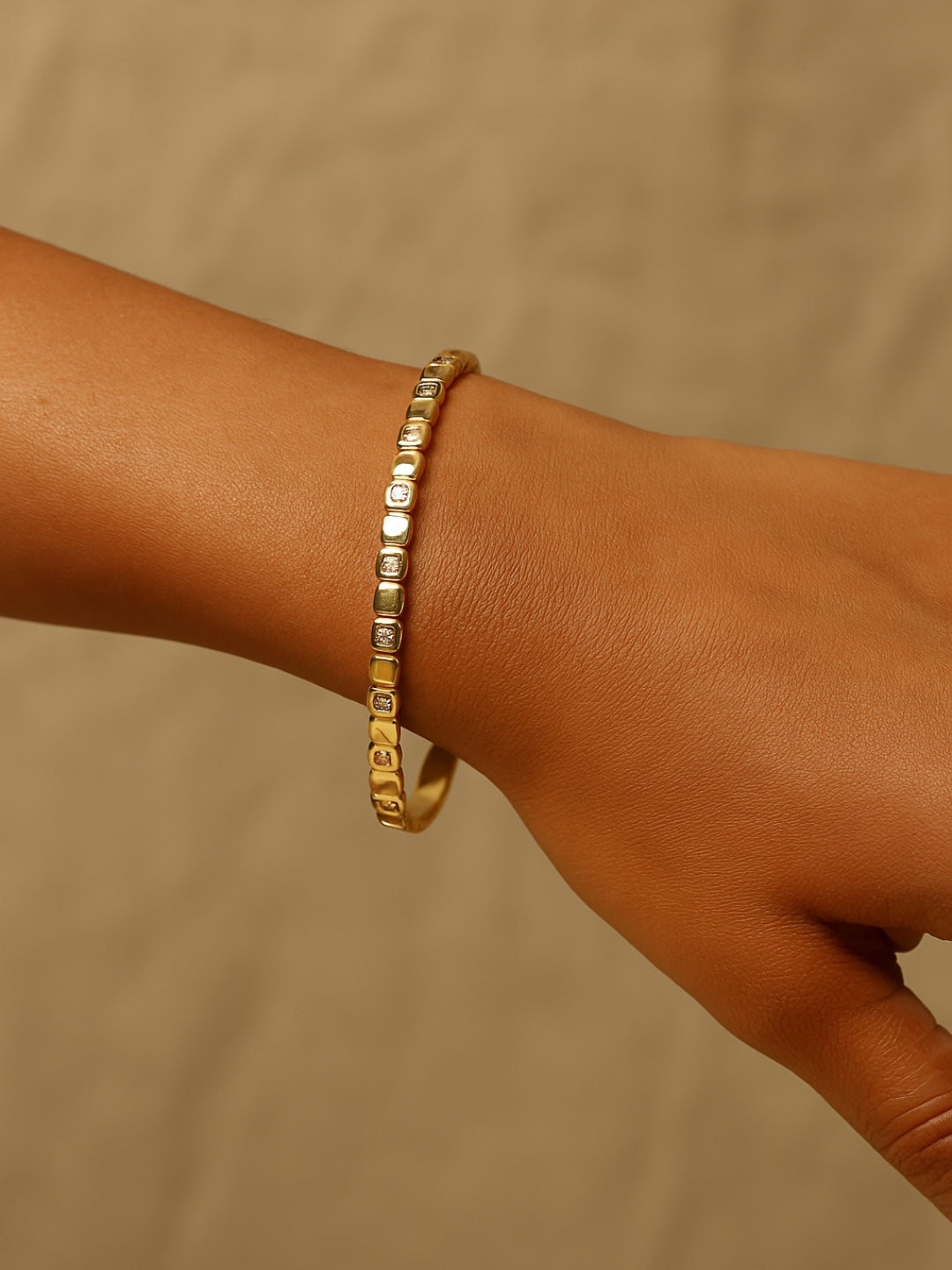 Gold Quad Pattern Semi-Studded Bracelet for Women – Anti-Tarnish Stainless Steel Kada with AD Stones | Fits 2'4 & 2'6 Sizes