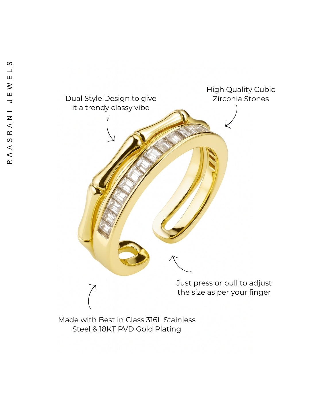 Bamboo Studded Gold Ring – Adjustable 18K Gold Plated CZ Ring