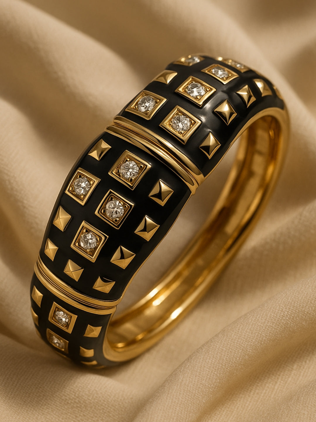 Black Enamel Studded Bracelet – 18K Gold Plated, Anti-Tarnish