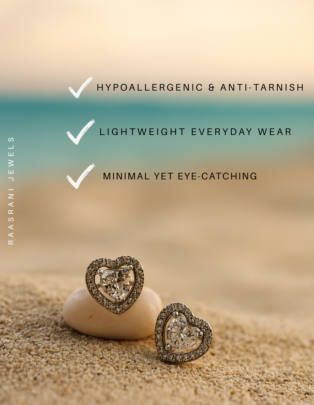 Silver Heart Stud Earrings – Rhodium Plated, Anti-Tarnish, Hypoallergenic, Premium AD Stones (Stainless Steel)