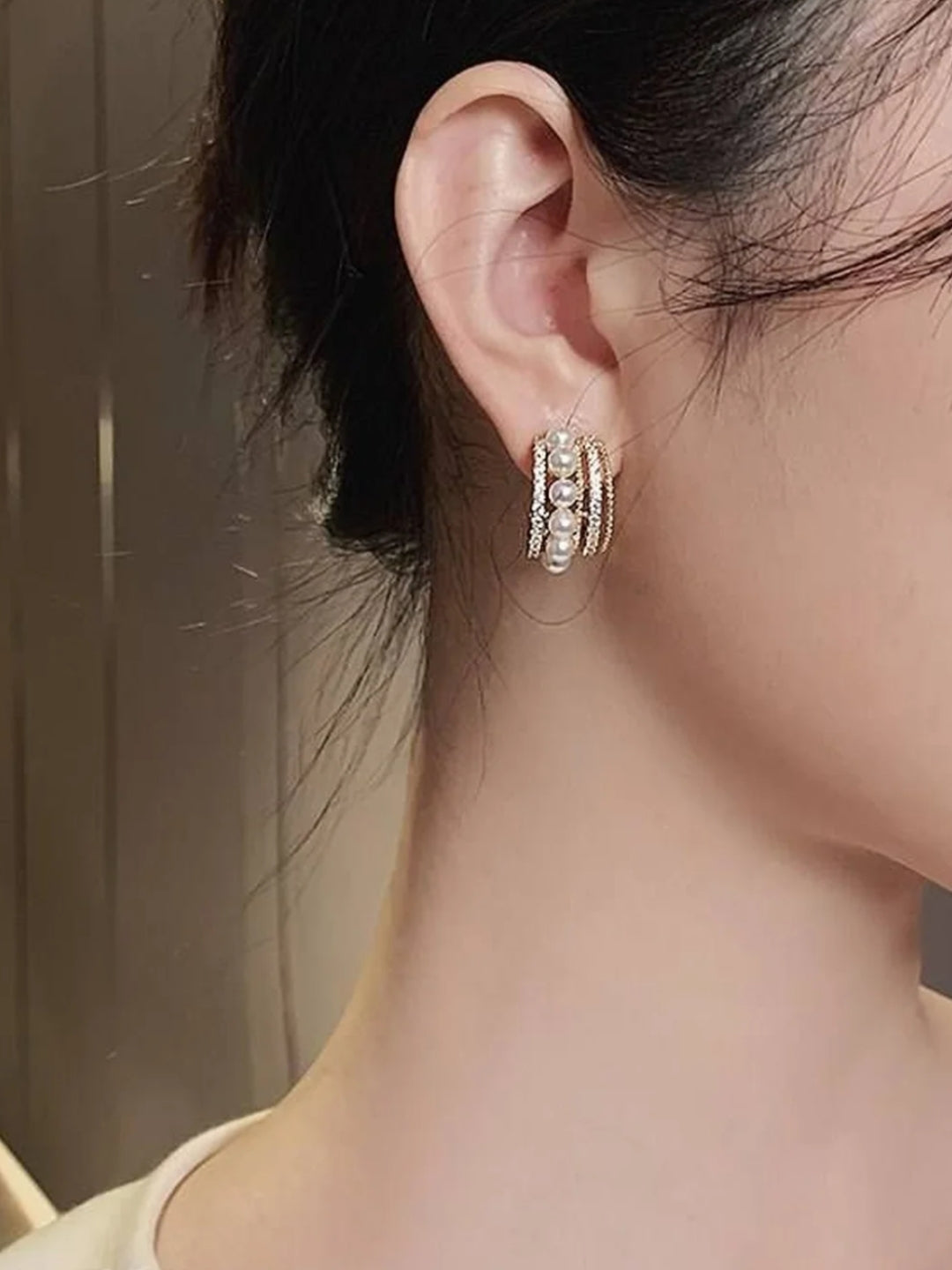 Gold Pearl & CZ Multi-Line Stud Earrings | Elegant Fashion Jewelry