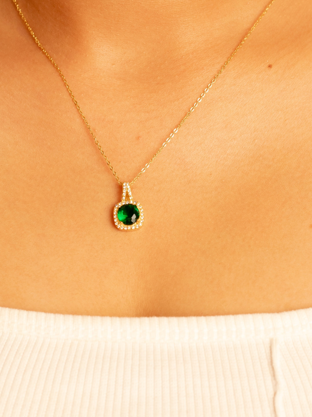 Elegant Gold-Plated Green Stone Pendant Chain – 316L Stainless Steel, AD Crystals