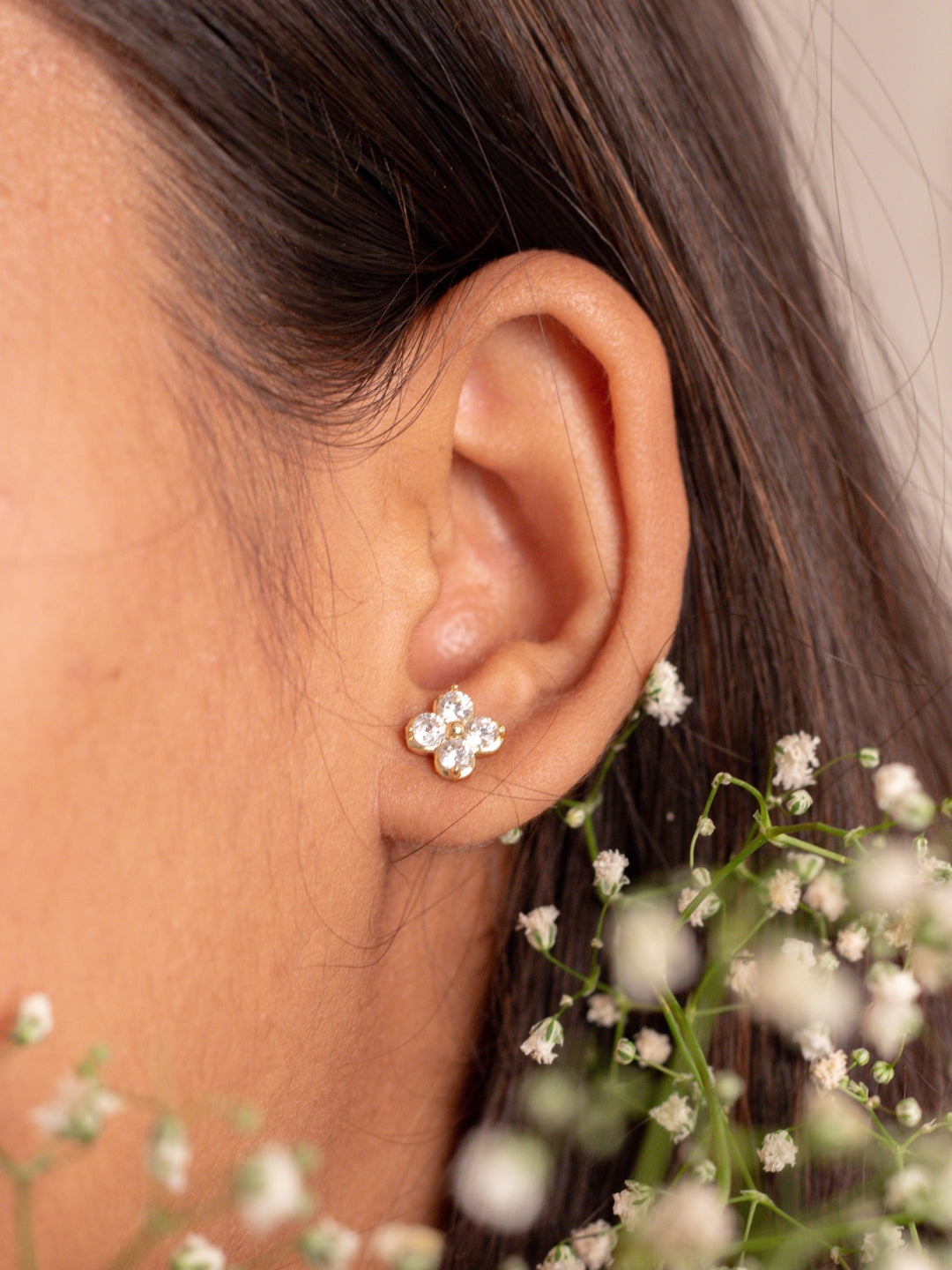 Clover Studded Gold Plated Stud Earrings β 316L Stainless Steel, Premium AD Stones