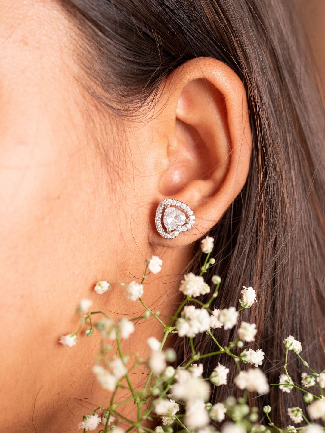 Silver Heart Stud Earrings – Rhodium Plated, Anti-Tarnish, Hypoallergenic, Premium AD Stones (Stainless Steel)
