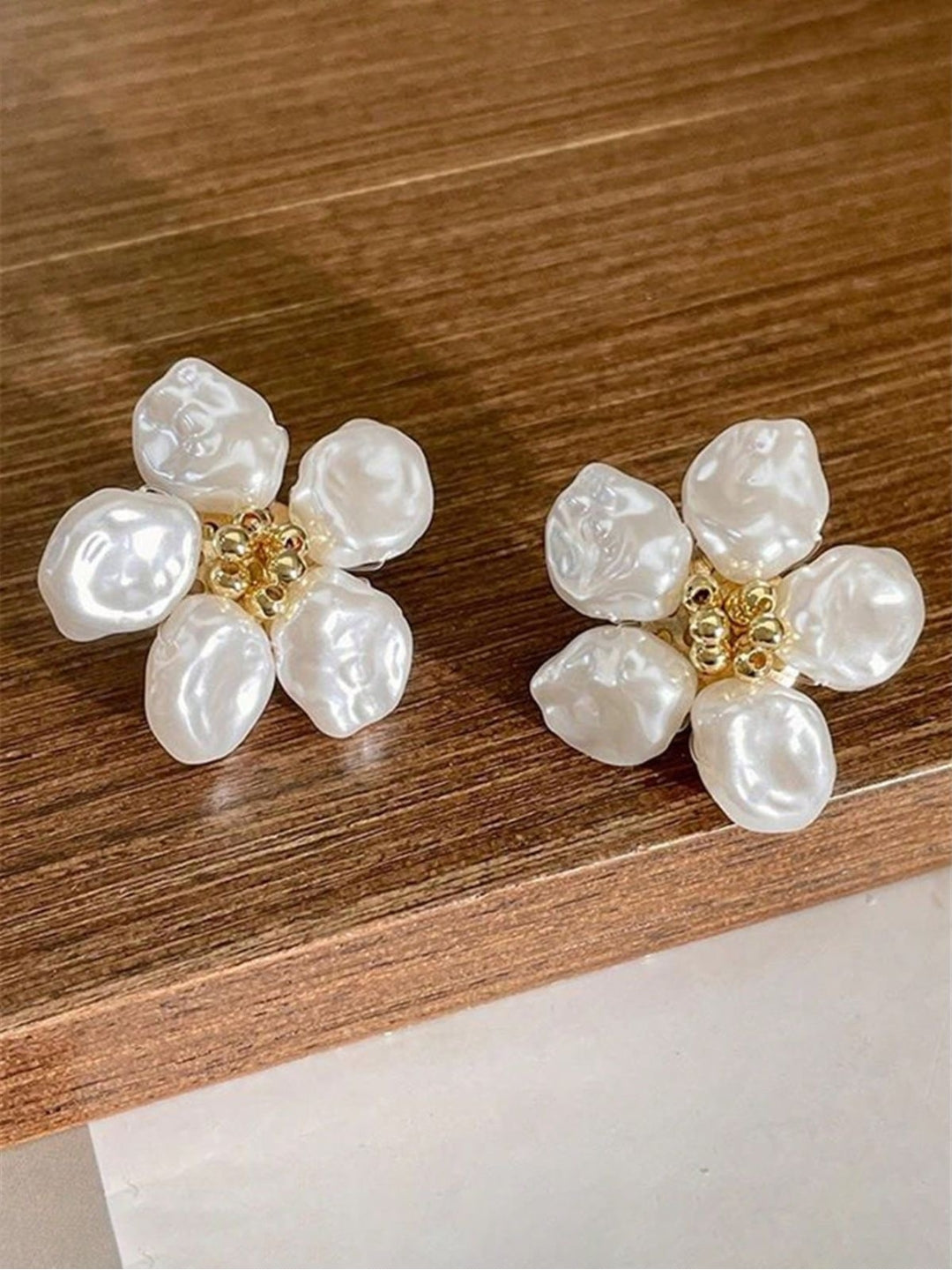 Faux Pearl Flower Stud Earrings – Gold Plated Floral Fashion Jewelry