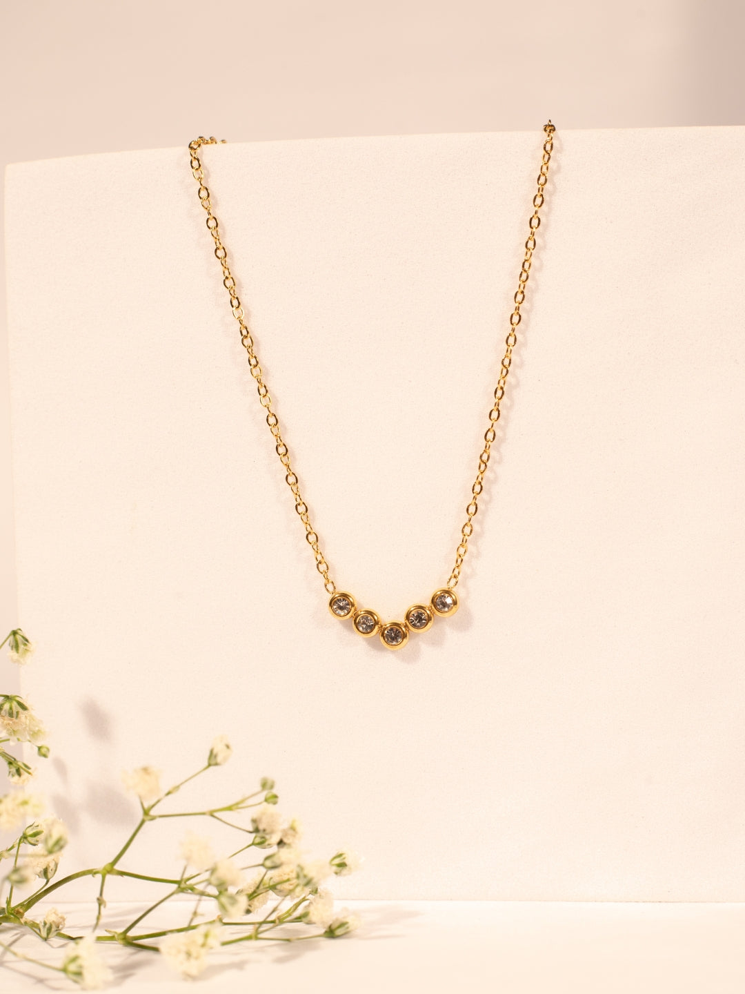V Studded Pendant Necklace – Gold Plated Stainless Steel, Premium AD Stones, Adjustable Length