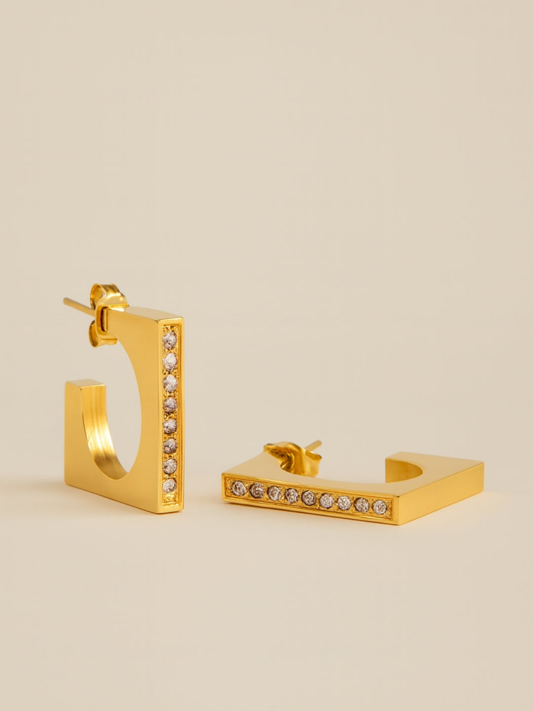 Square Studded Gold Half Hoop Earrings – 18K Gold Plated CZ
