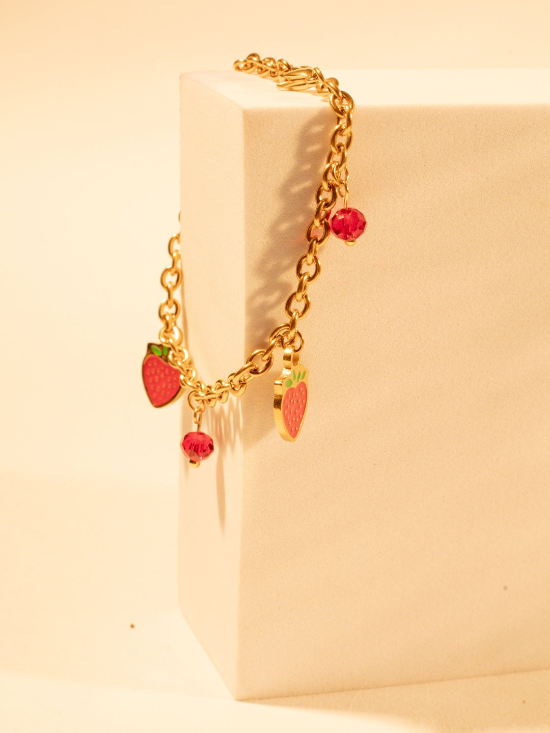 Strawberry Charm Bracelet – Gold Plated Stainless Steel, Enamel & Beads, Adjustable