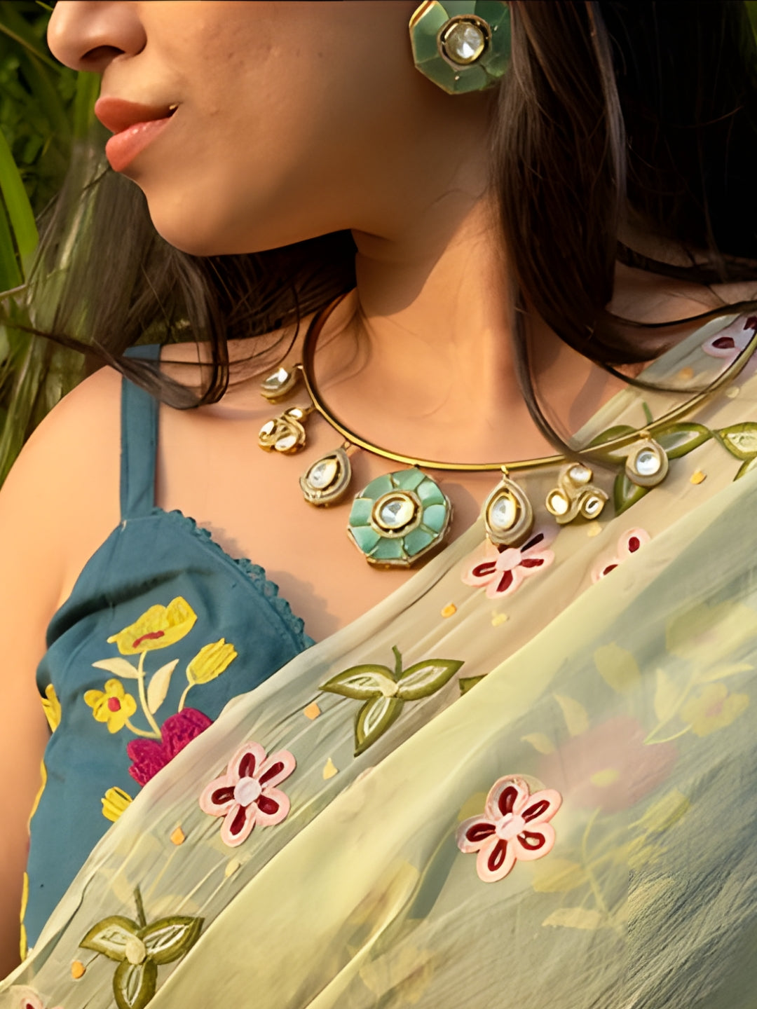 Aqua Moissanite Hansuli Necklace & Earrings Set | Gold Plated Jewelry