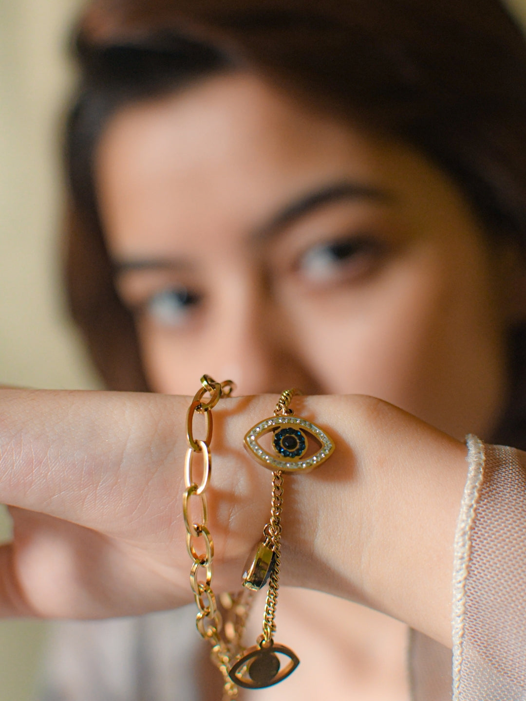 Evil Eye Charm Double layer Bracelet in 18K Gold | Adjustable, Anti-Tarnish