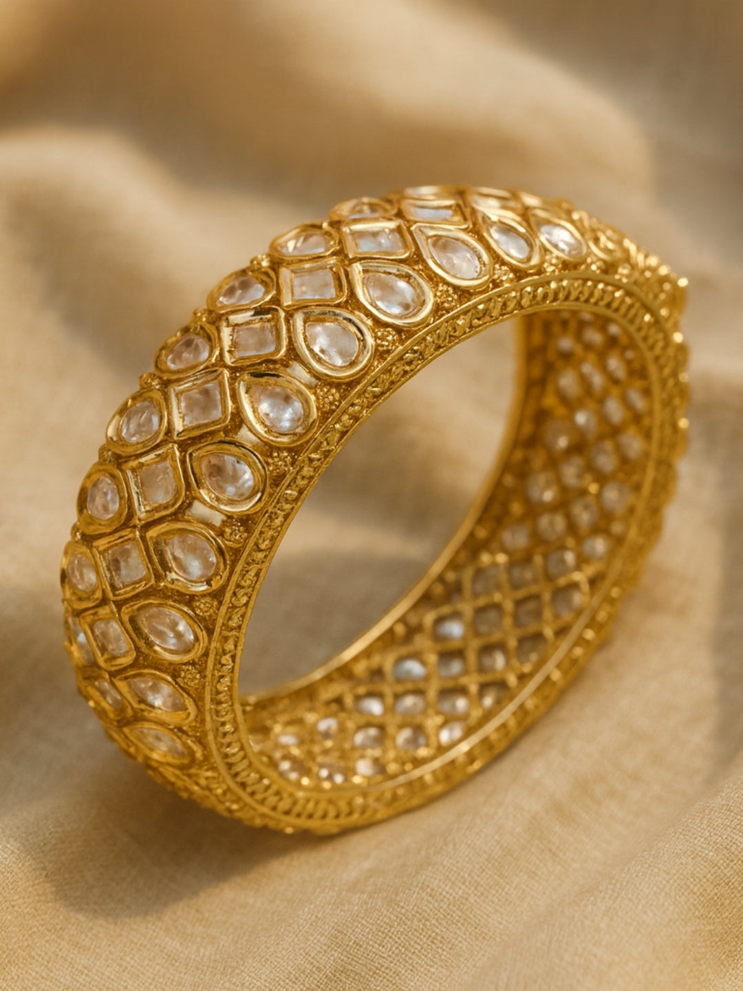 Golden Kundan Moissanite Bangle | Openable Gold Cuff Bracelet
