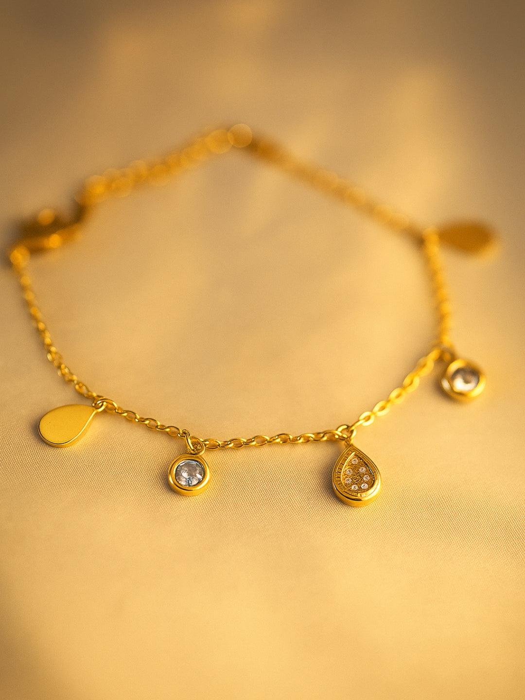 18K Gold Teardrop Charms Bracelet with CZ Stones | Lightweight & Elegant