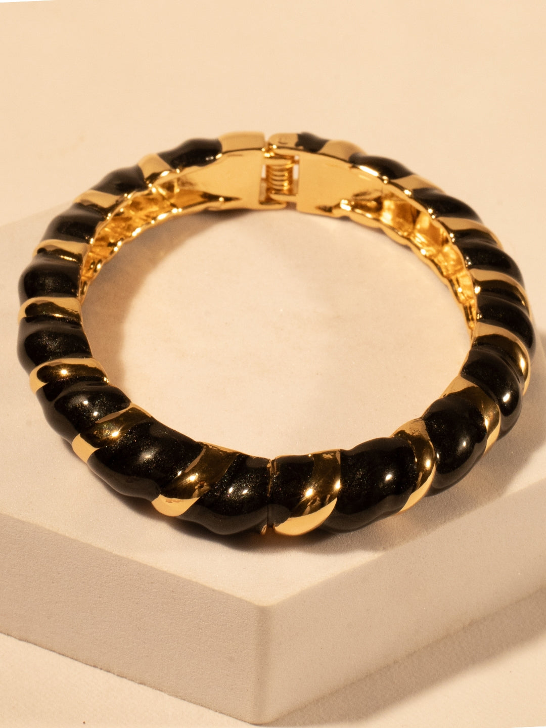 Black Enamel Striped Bracelet | 14kt Gold Plated Italian Meenakari on Stainless Steel