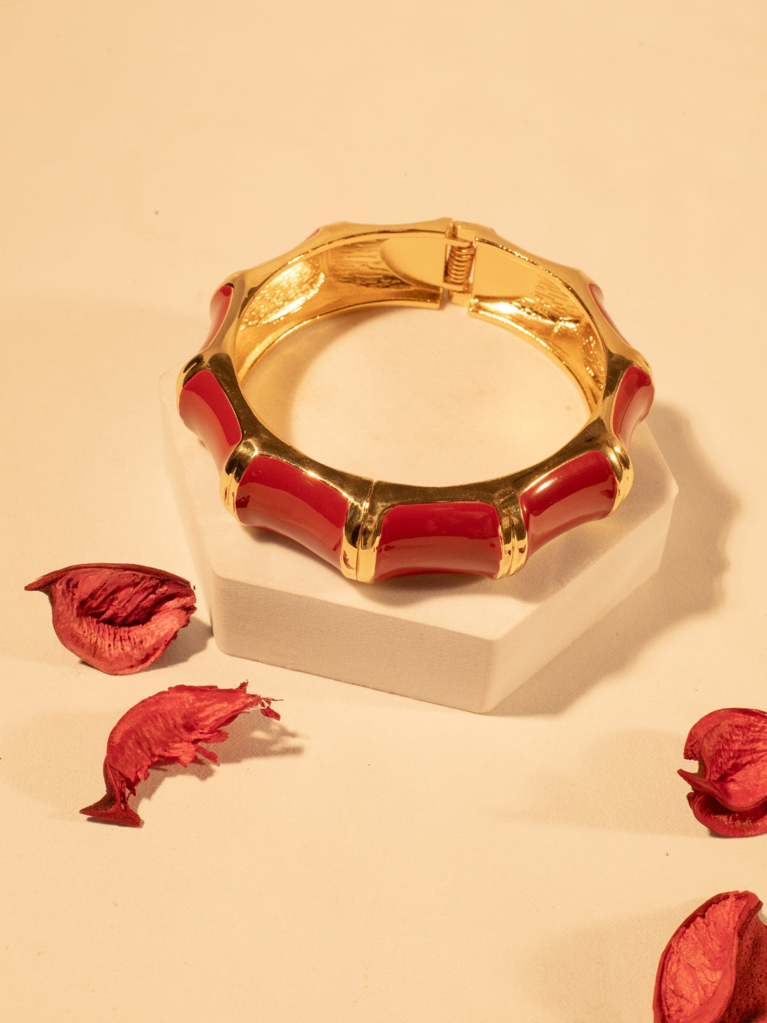 Red Enamel Hexagon Bracelet for Women – 14K Gold Plated | Italian Meena Design | Stainless Steel