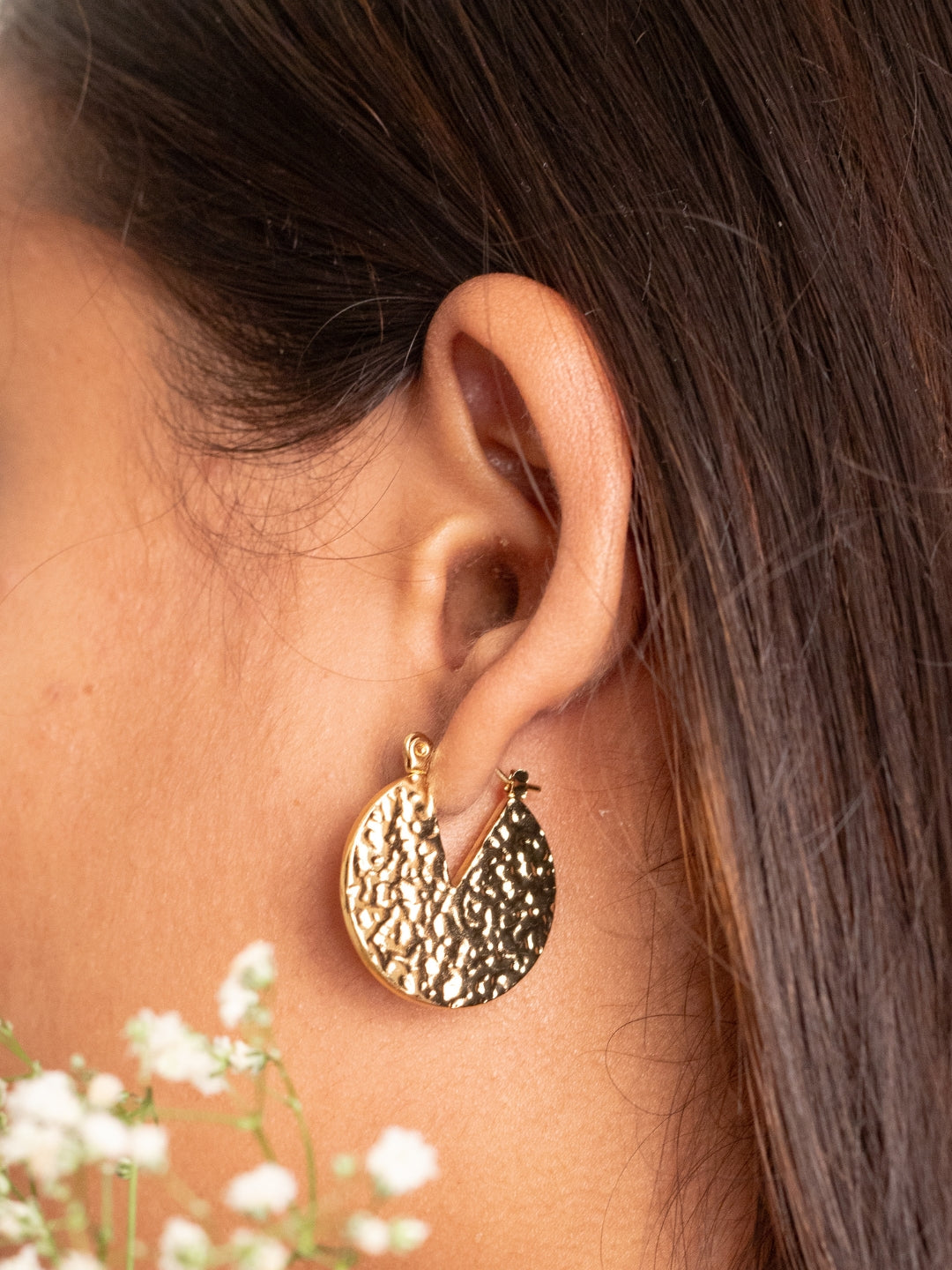 Circular Hand beaten Gold Hoop Earrings – Stainless Steel, Lightweight, 4 cm