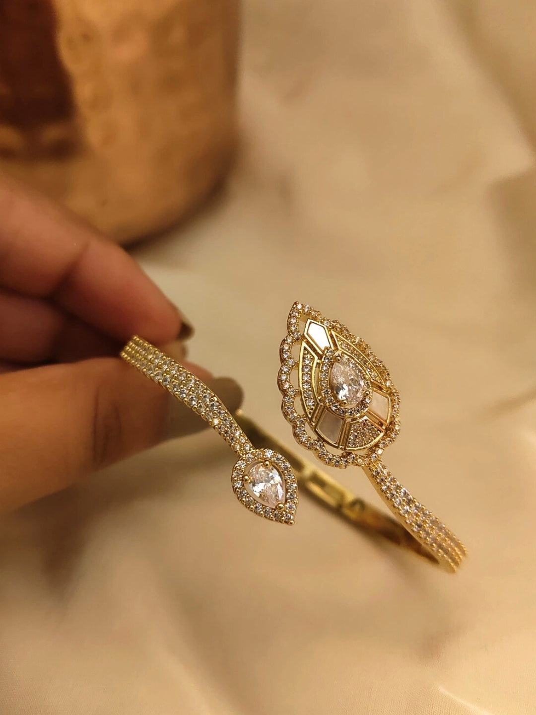 Golden Leaf Cuff Bracelet – 18K Gold Plated, 316L Stainless Steel, AD Stones & MOP Accents