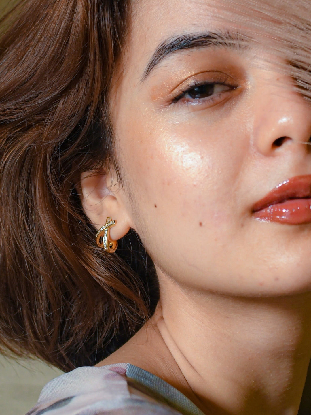 18K Gold Studded Cross Huggie Earrings – CZ Stone, Anti-Tarnish