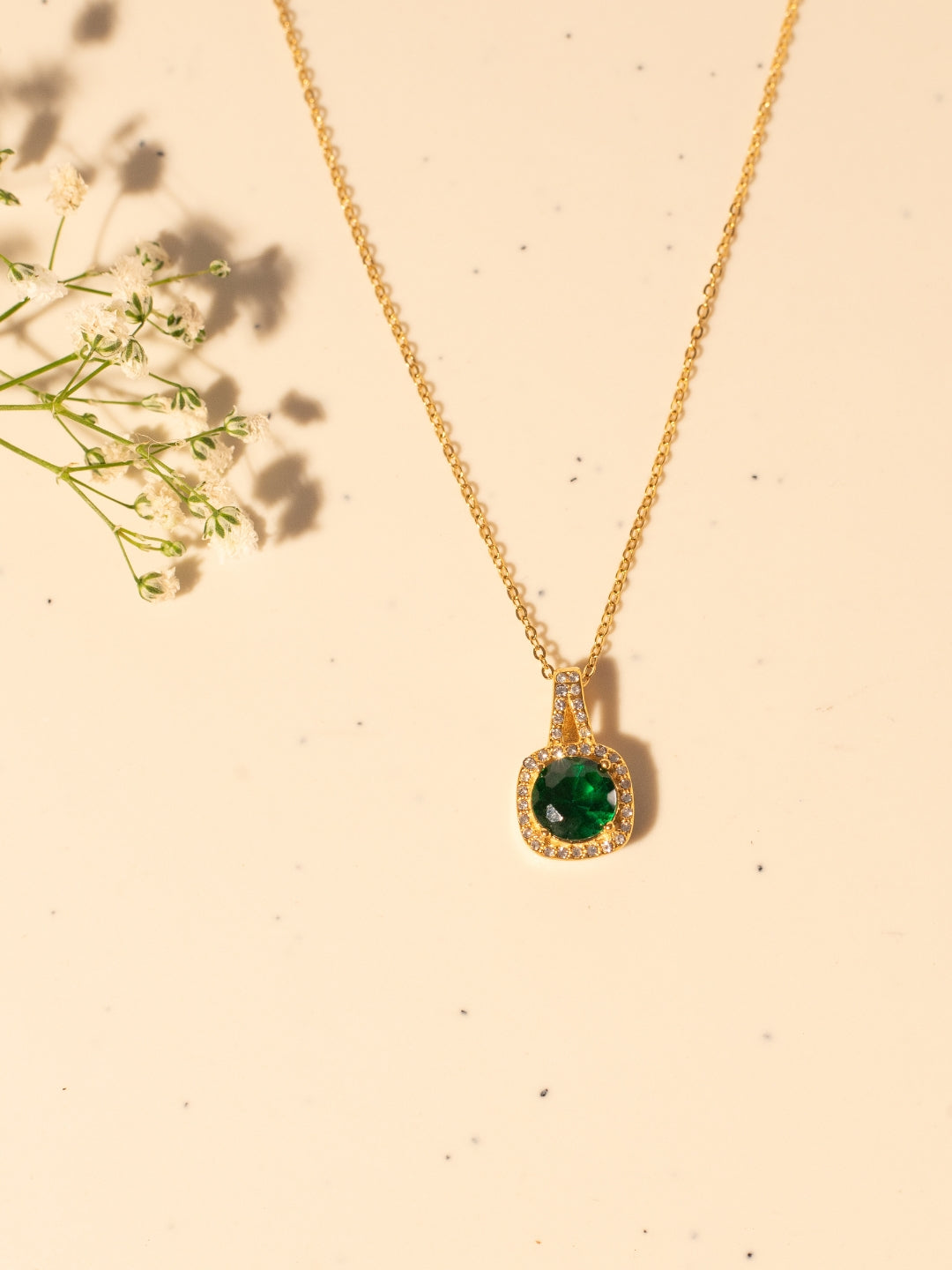 Elegant Gold-Plated Green Stone Pendant Chain – 316L Stainless Steel, AD Crystals