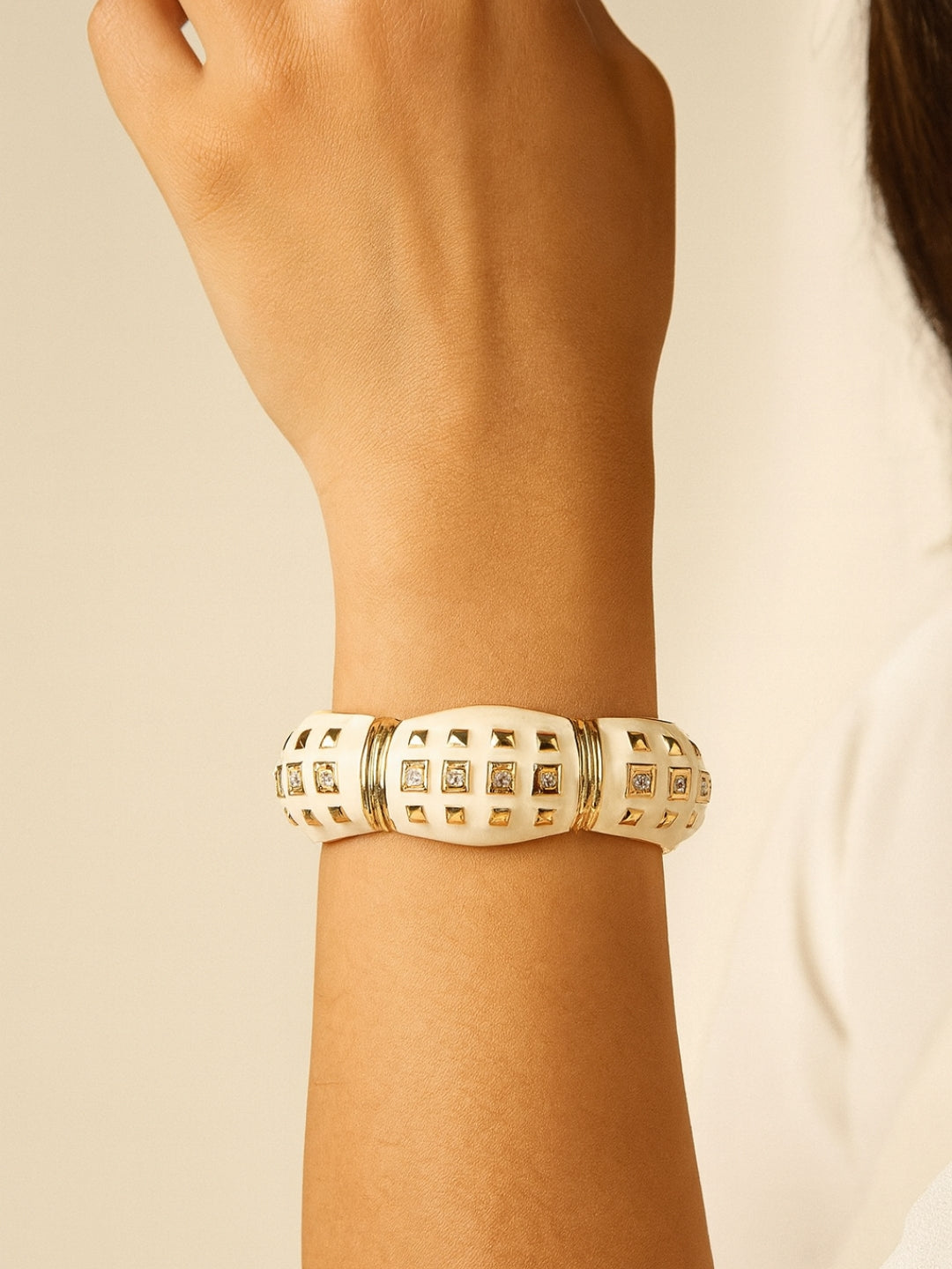 Cream Enamel Studded Bracelet in 18K Gold | CZ Stone Statement Bangle