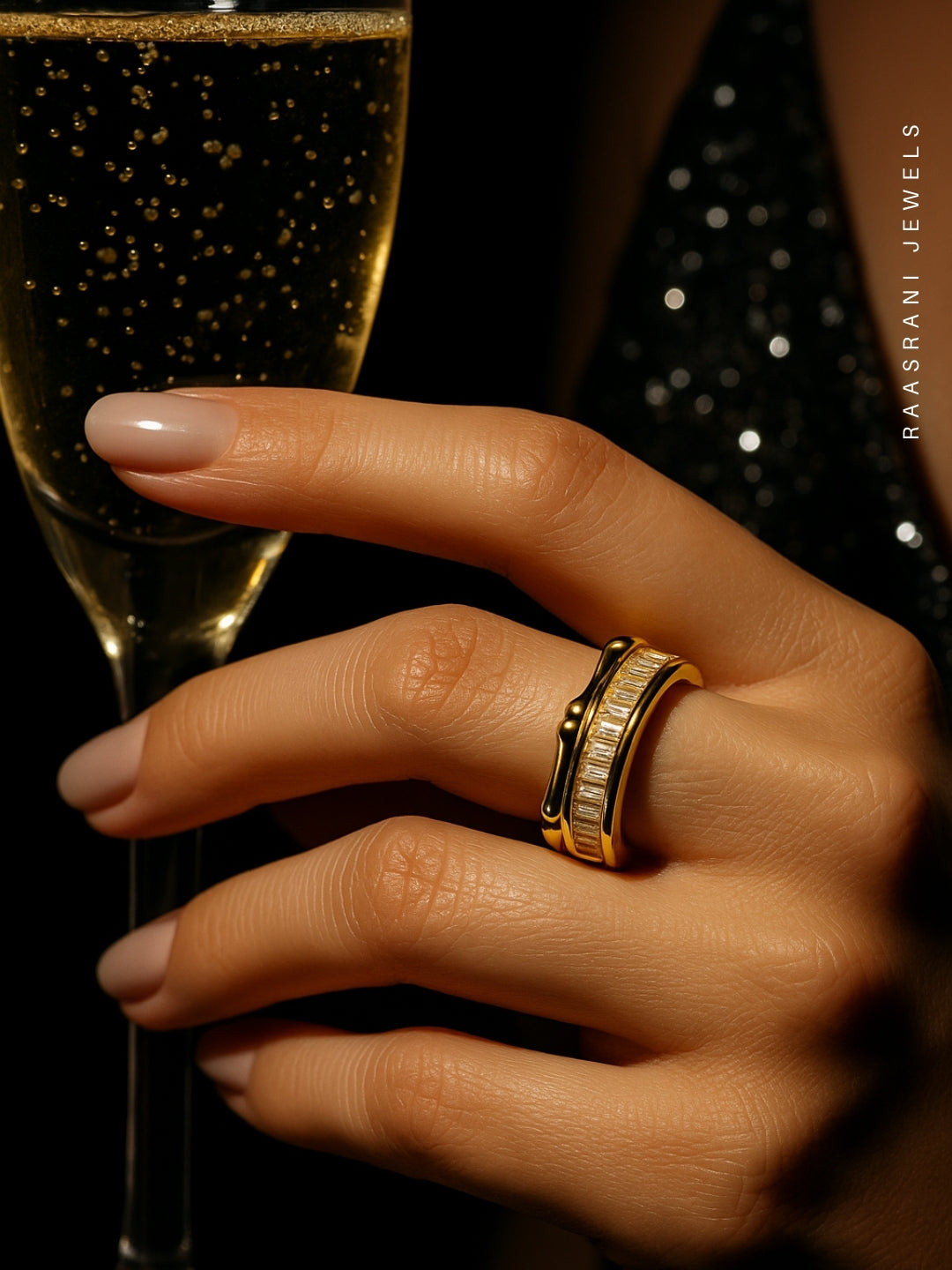Bamboo Studded Gold Ring – Adjustable 18K Gold Plated CZ Ring