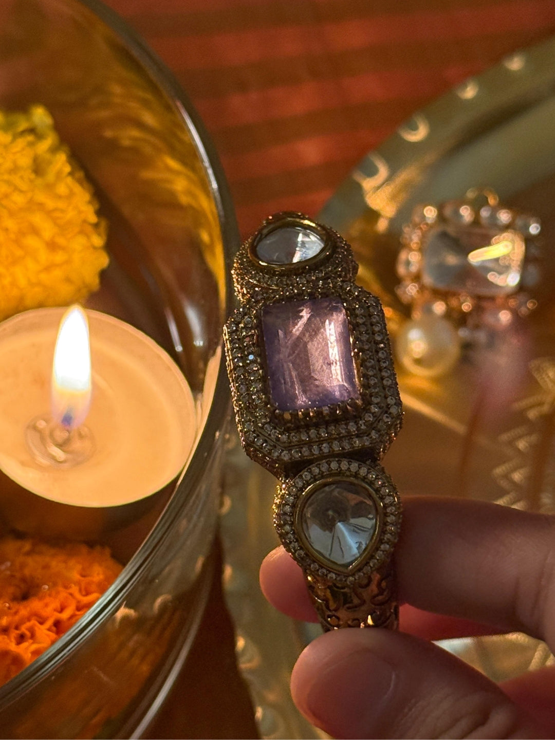Purple Monalisa Stone Bangles | Gold Plated Kundan Moissanite Kada