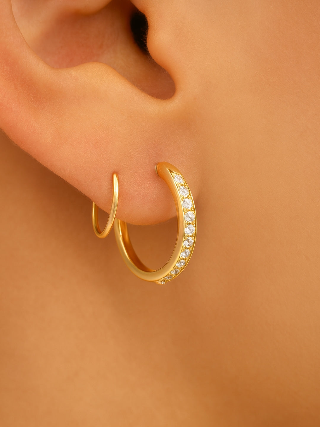 18K Gold Twist CZ Hoop Earrings | Double Piercing Look in One