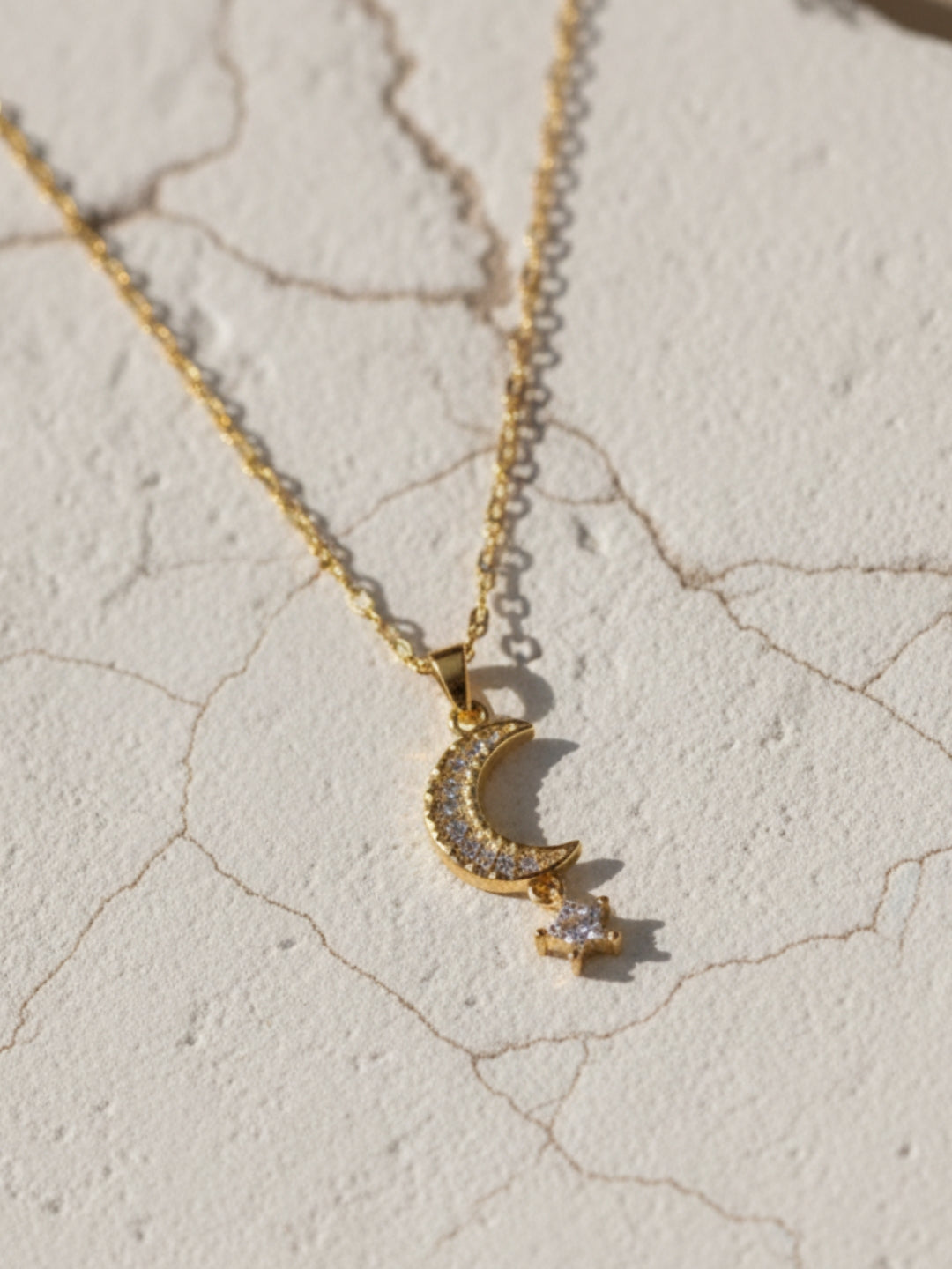 Anti-Tarnish Moon & Star Pendant Chain | 18K Gold CZ Jewelry