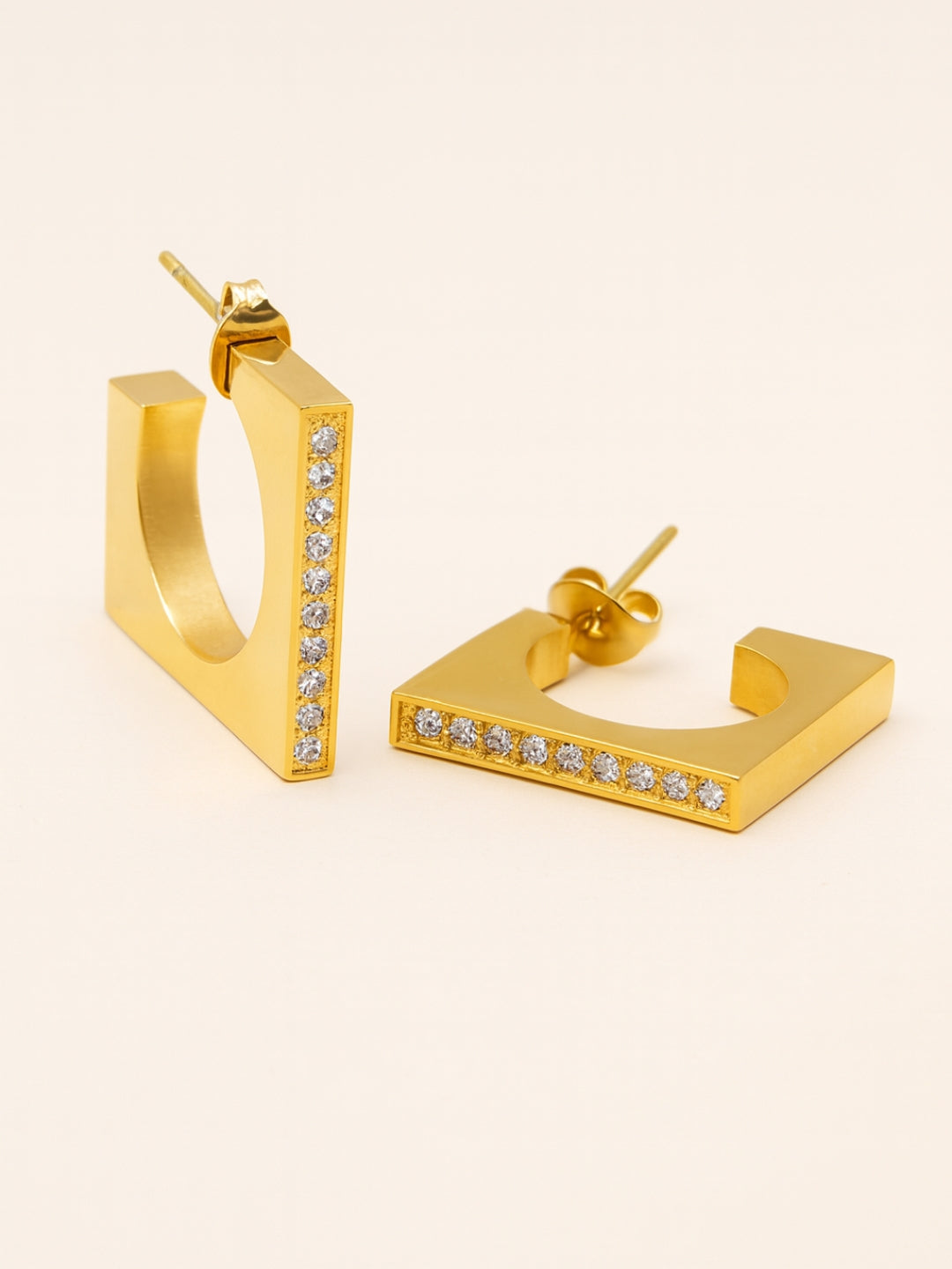 Square Studded Gold Half Hoop Earrings – 18K Gold Plated CZ