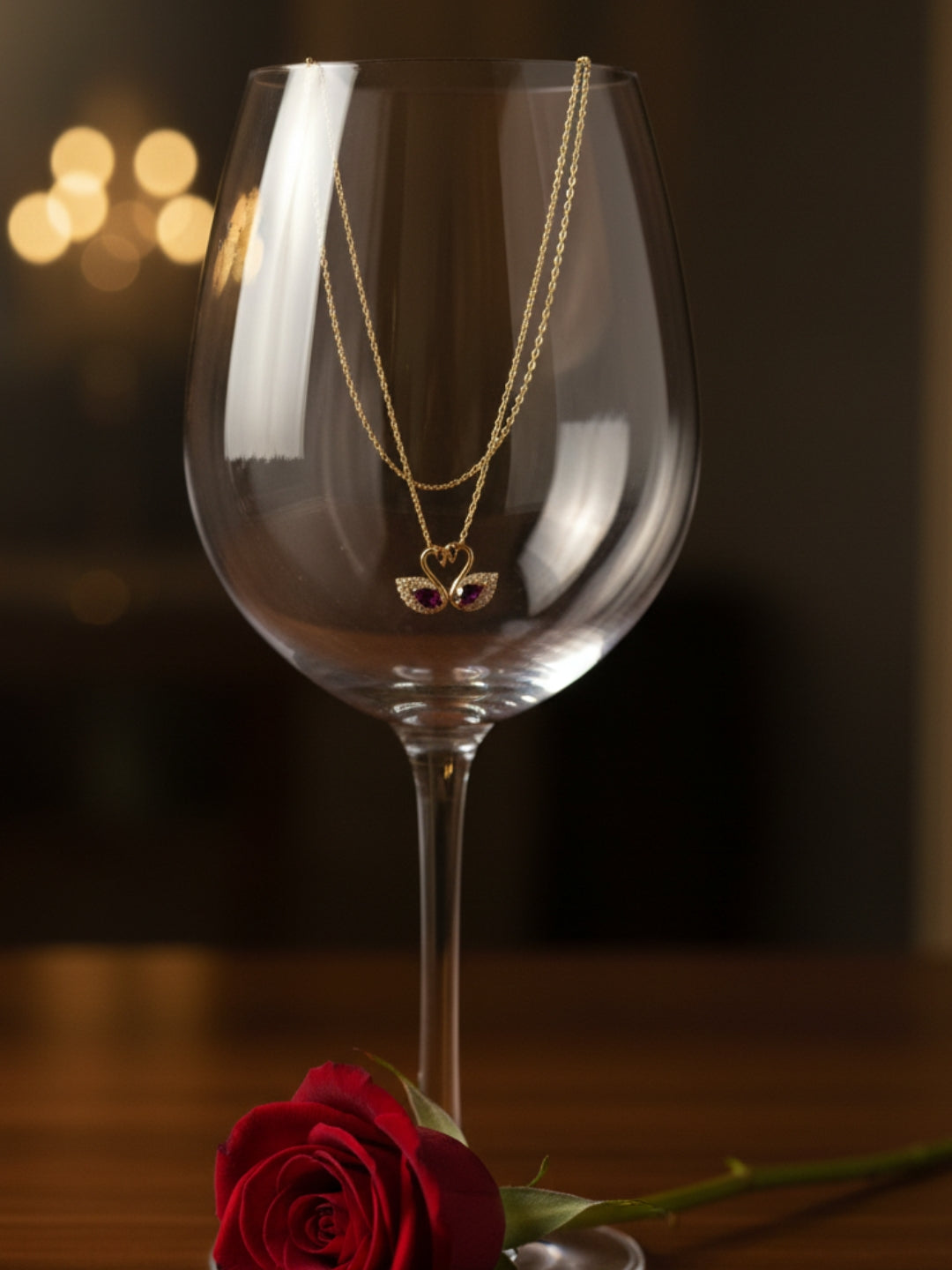 Twin Swan Pendant Necklace in 18K Gold | CZ Love Neckpiece