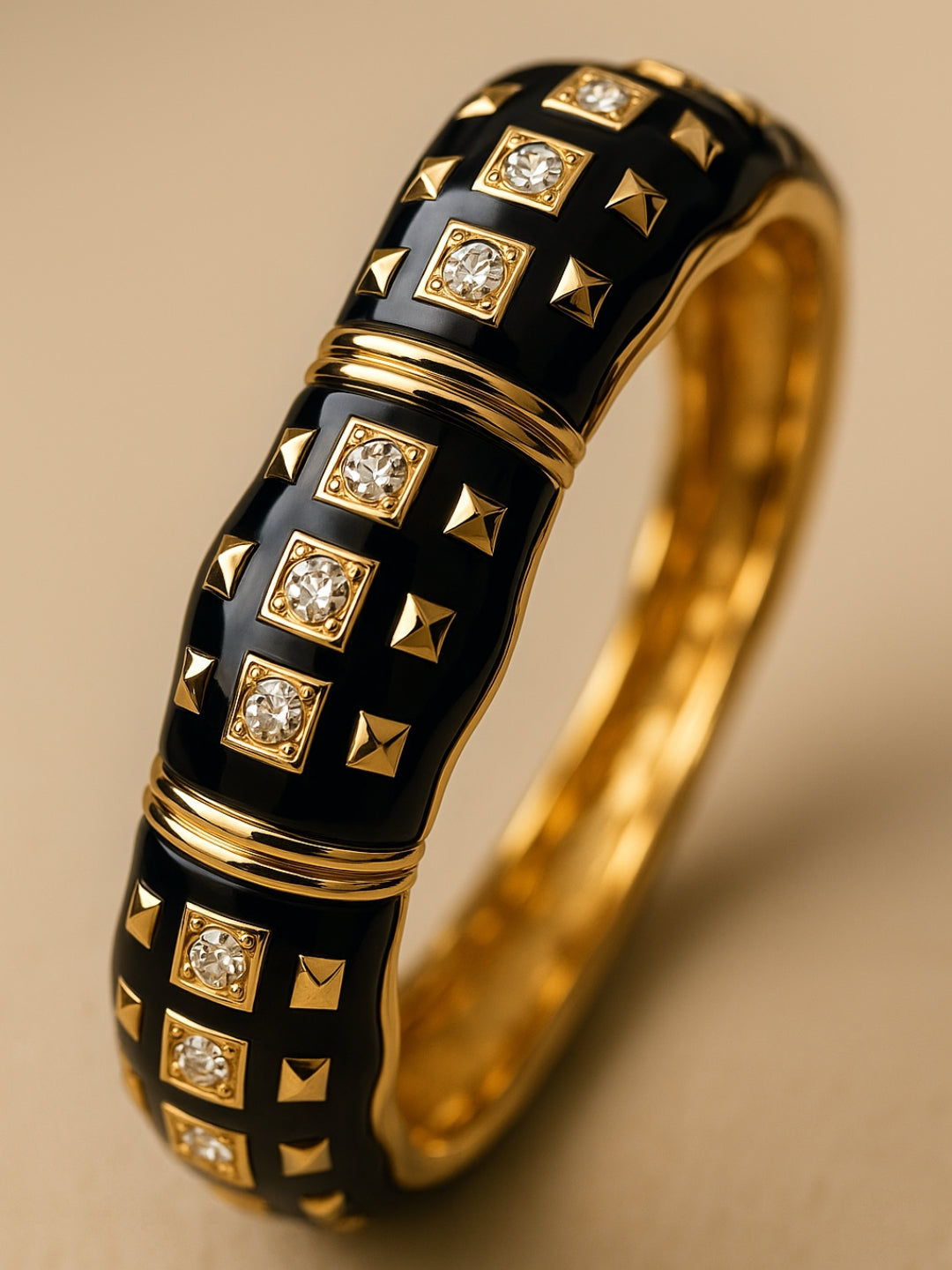 Black Enamel Studded Bracelet – 18K Gold Plated, Anti-Tarnish