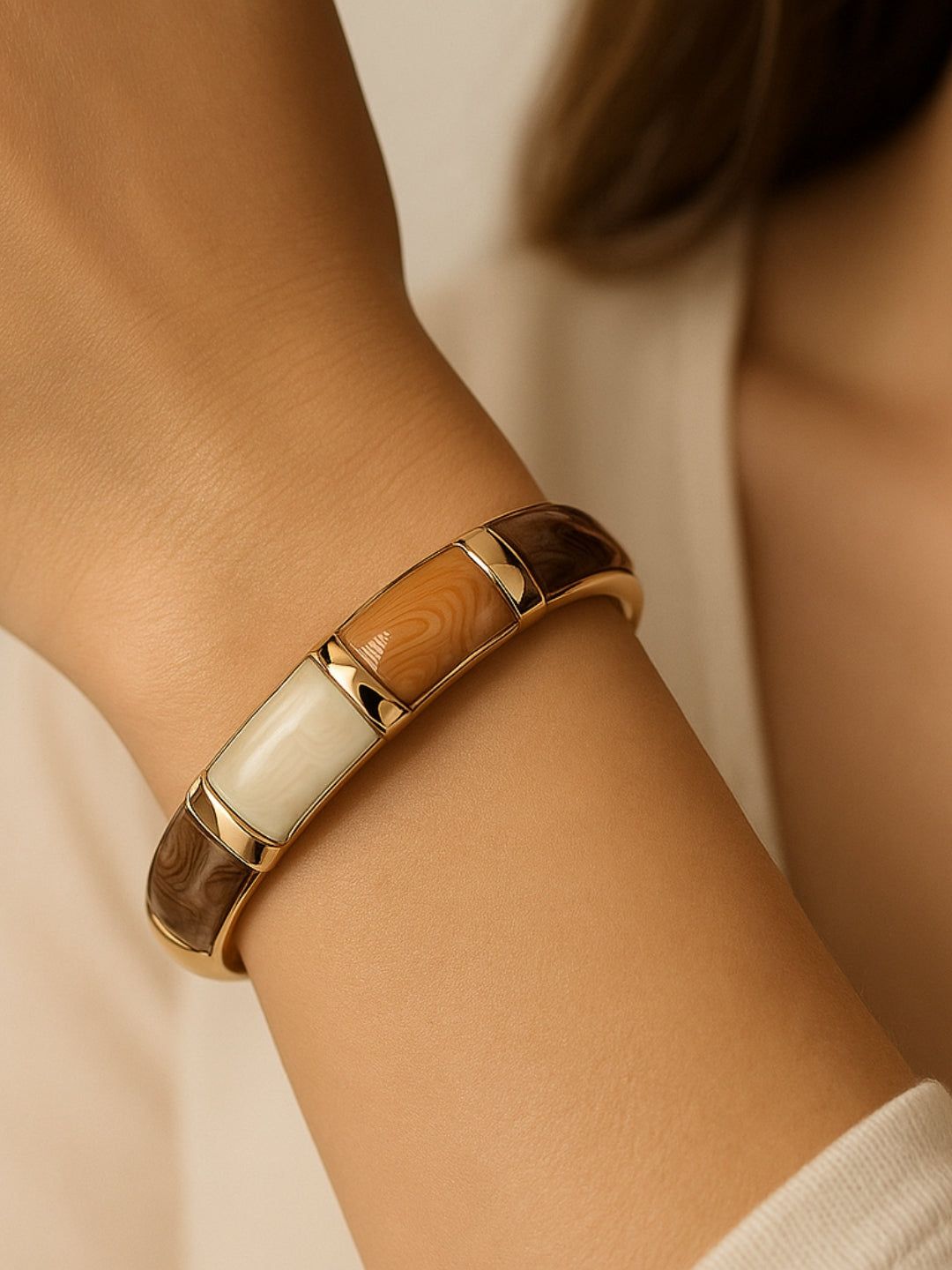 Shades of Beige Gold-Striped Enamel Bracelet | Anti-Tarnish Jewelry