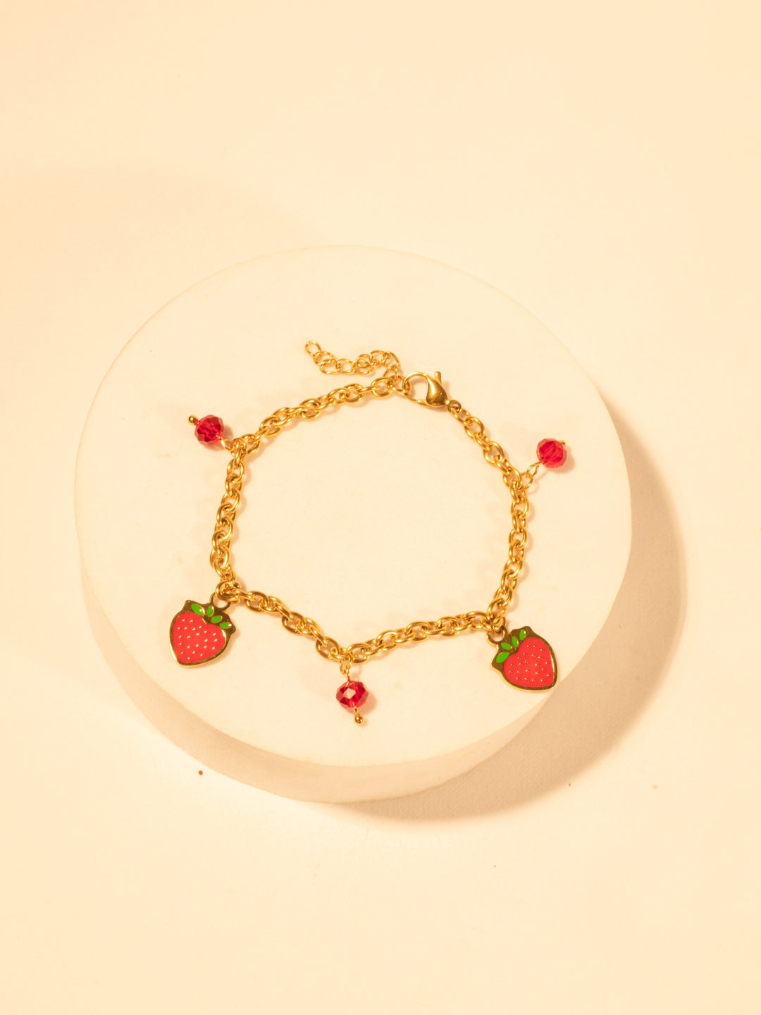 Strawberry Charm Bracelet – Gold Plated Stainless Steel, Enamel & Beads, Adjustable