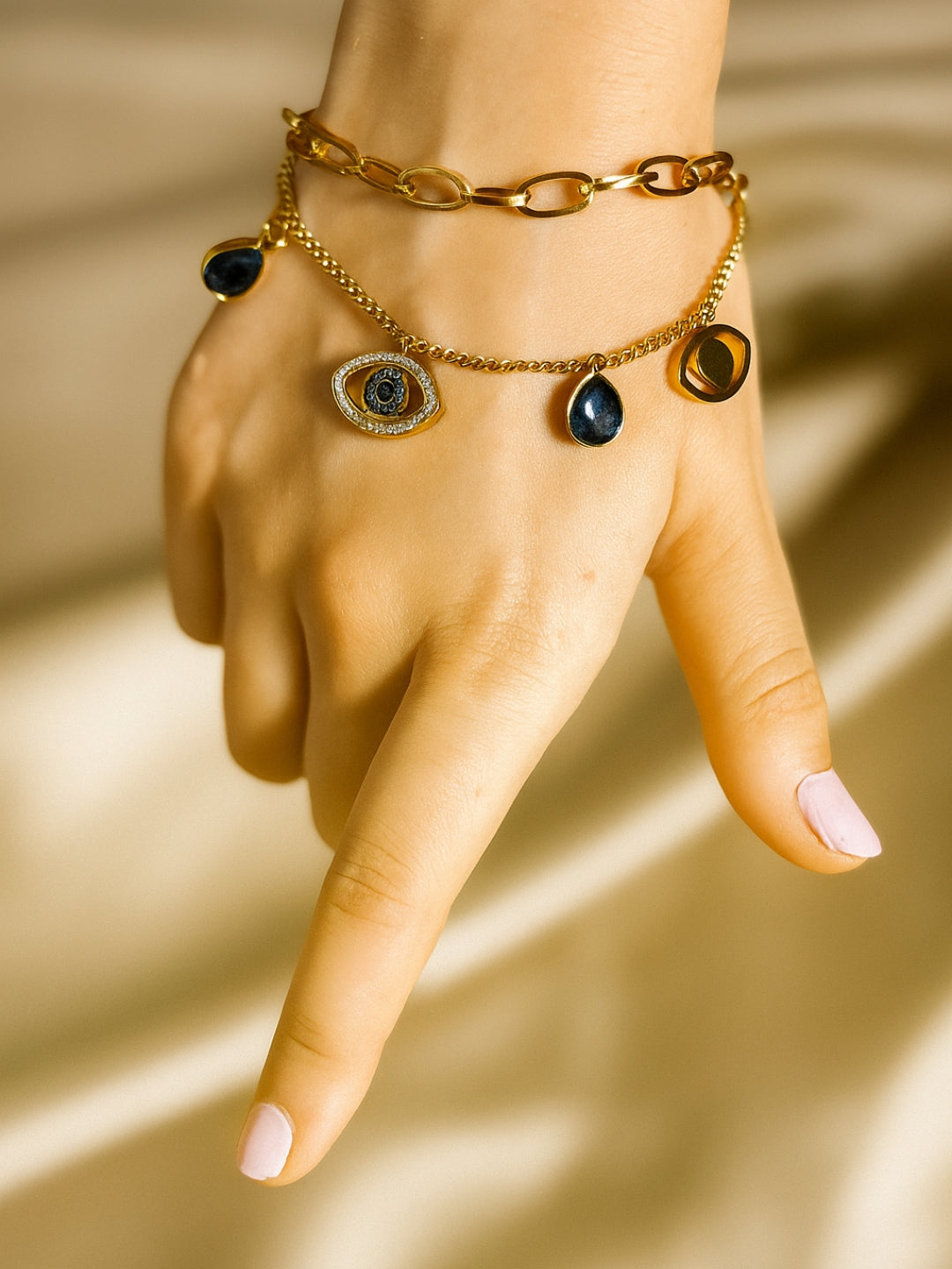 Evil Eye Charm Double layer Bracelet in 18K Gold | Adjustable, Anti-Tarnish