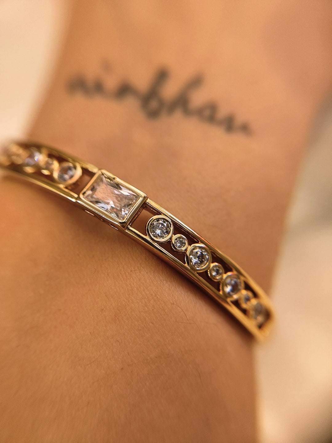 Aurum Deco Cuff – Rose Gold | Square & Round AD Stones | Luxe Press-Lock Fit