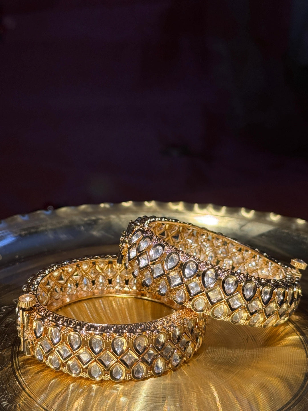 Golden Kundan Moissanite Bangle | Openable Gold Cuff Bracelet