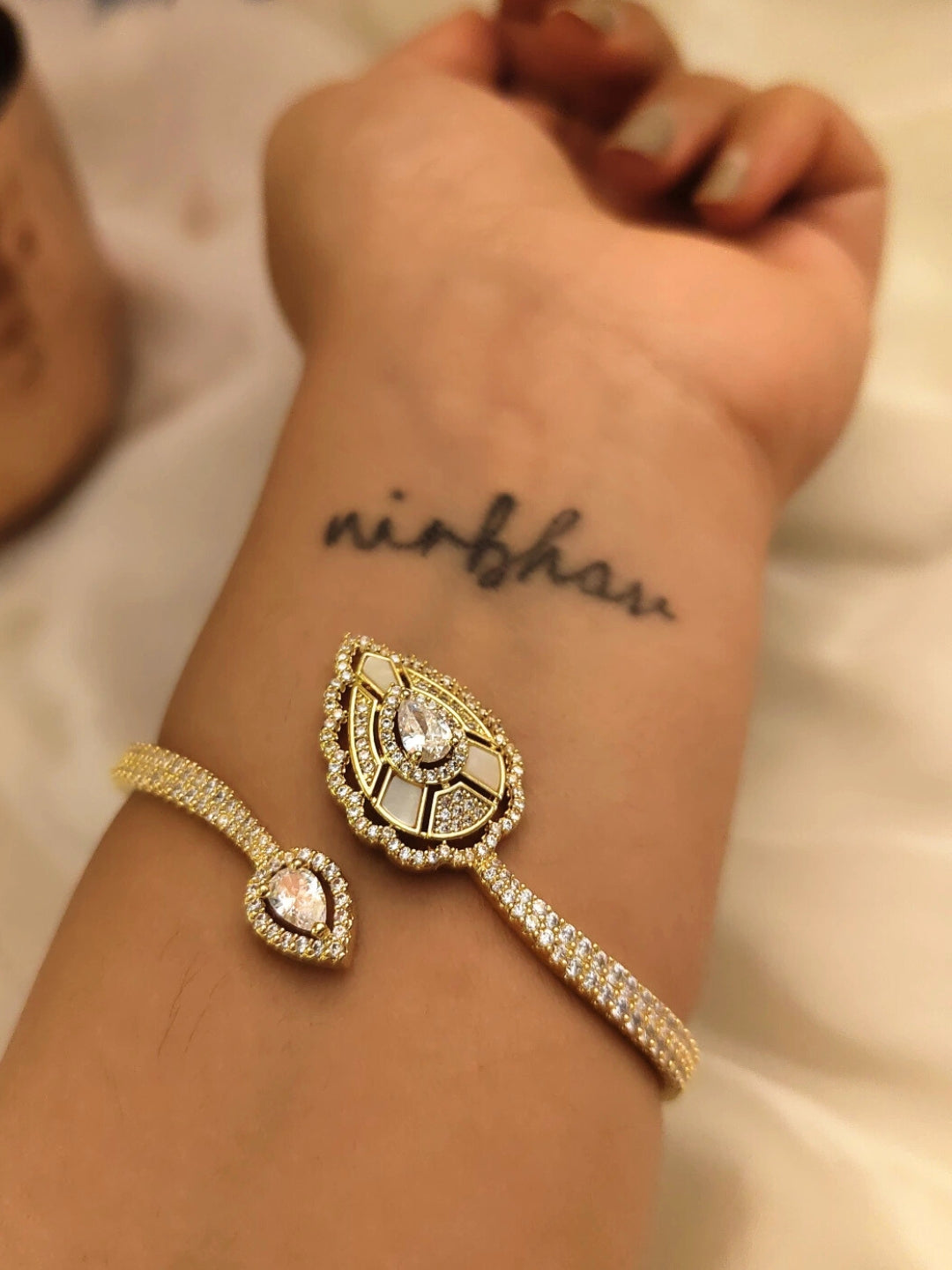 Golden Leaf Cuff Bracelet – 18K Gold Plated, 316L Stainless Steel, AD Stones & MOP Accents