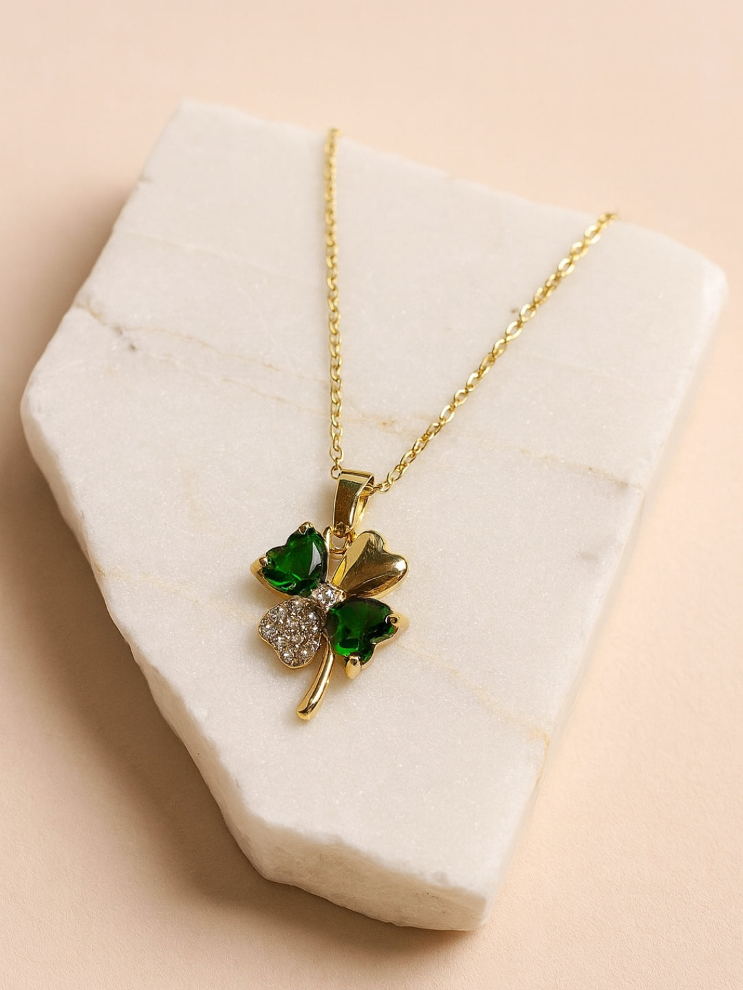Emerald Clover Pendant Chain – 18K Gold Plated, Everyday Necklace